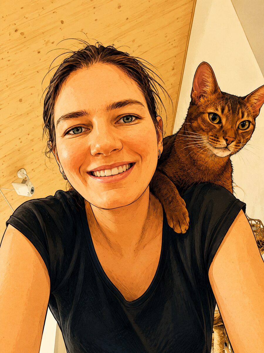 A cartoon-style illustration of Agnes with one of her cats perched on her shoulder